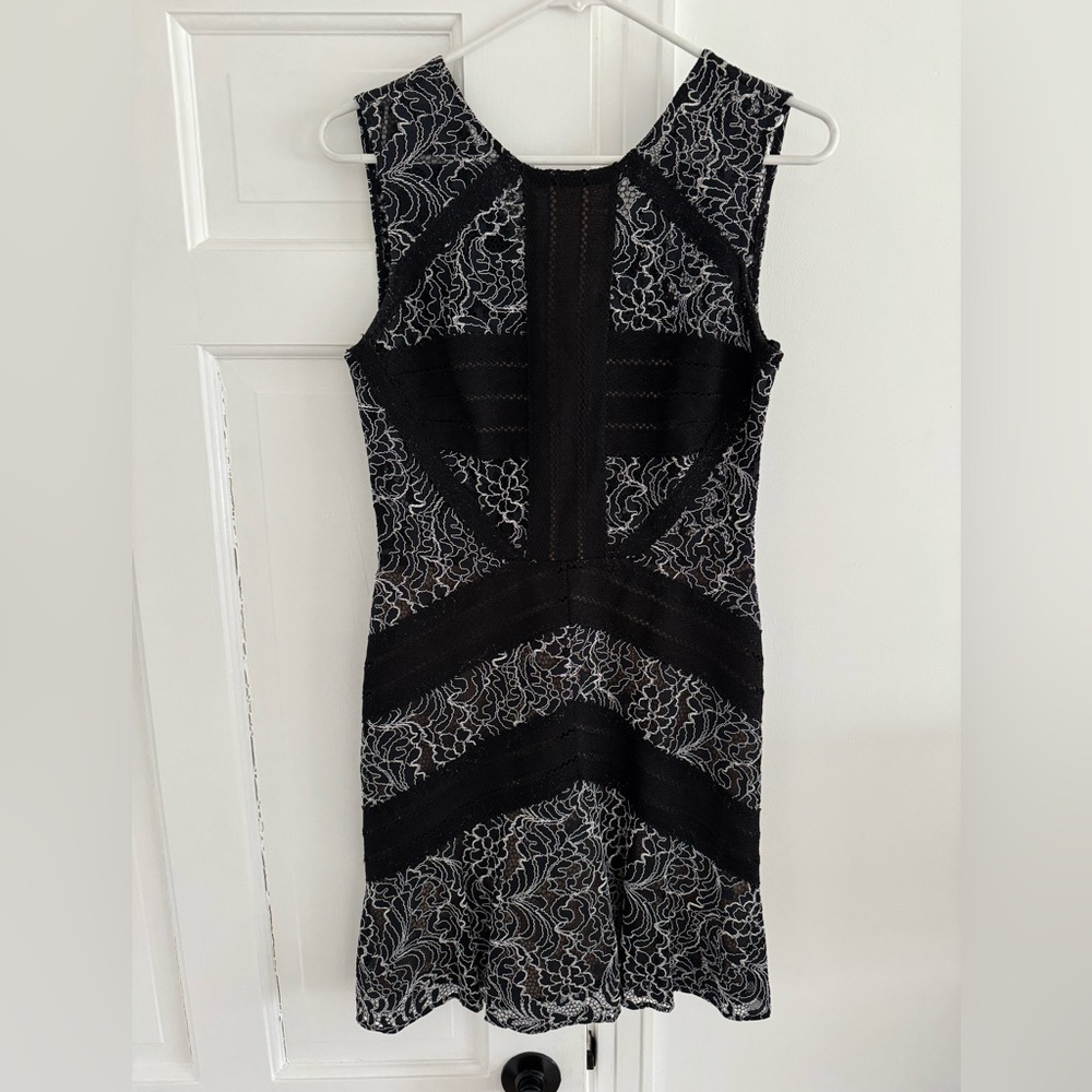 BCBGMaxAzria Black and White Lace Panel Mini Dress